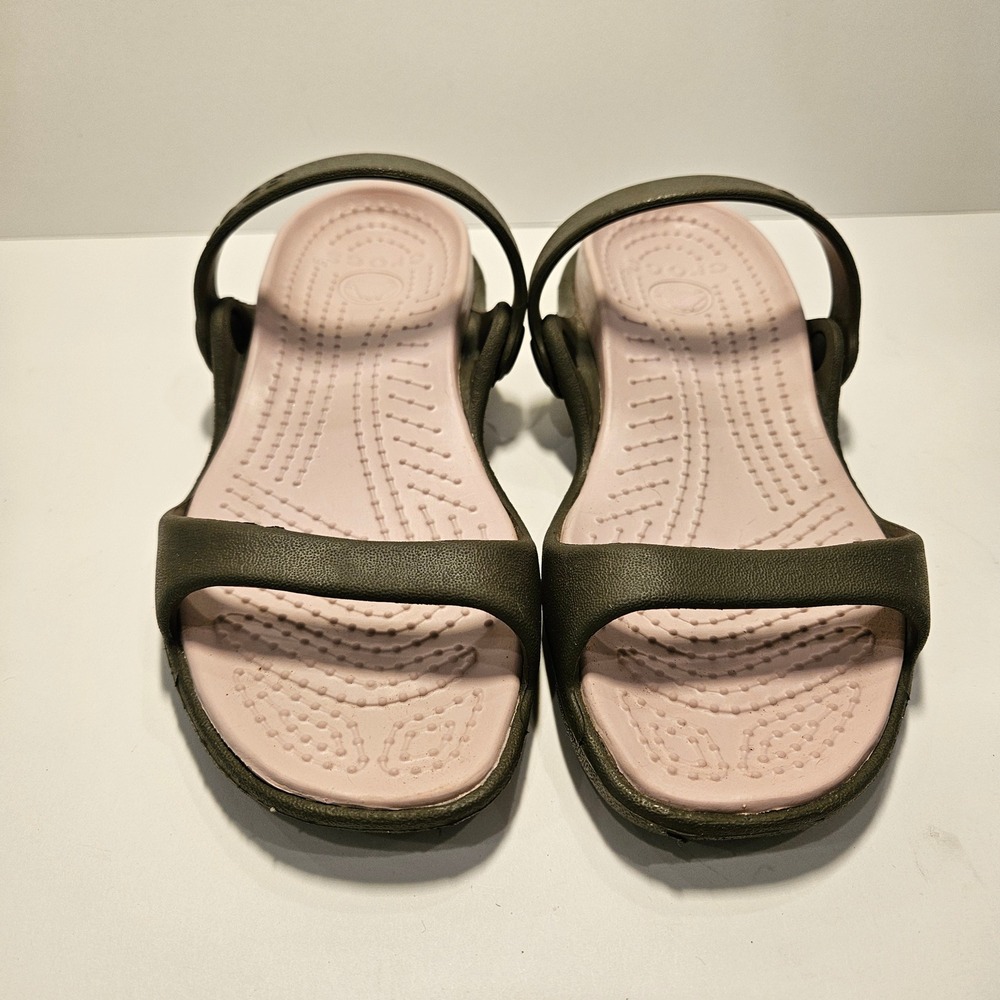 Crocs Cleo Women 5 Olive Green Grey Pink Dual Strap Comfort Slide Sandals - Picture 2 of 8